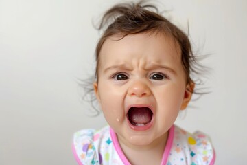 Closeup photo of a cute little baby girl child crying and screaming isolated on white background