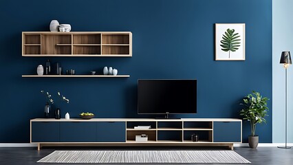  Living room with cabinet for tv on dark blue color wall background 