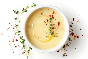 vegetable cream soup decorated with chili flakes and thyme isolated on white background - generative ai