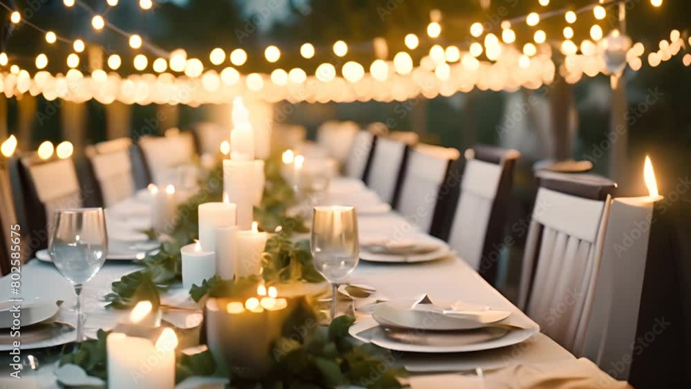 Poster long table adorned with candles and greenery generative ai