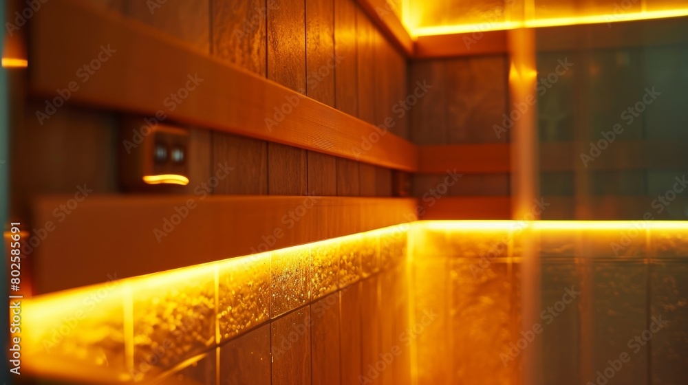 Poster the soft glow of the saunas led lights adding to the calming and serene atmosphere of the spa..