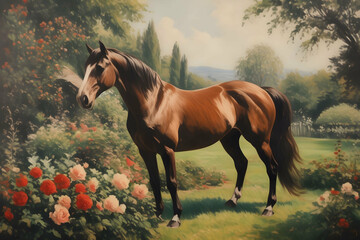 vintage painting art, horse in garden - obrazy, fototapety, plakaty