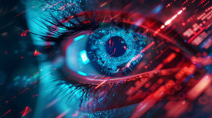 The image features a close-up view of a human eye surrounded by dynamic, digital data streams