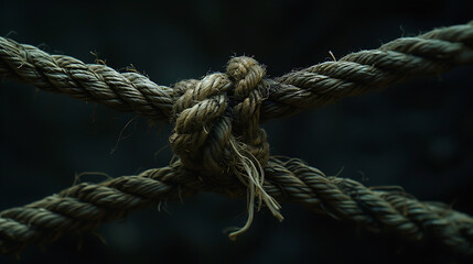 The central focus of the image is a thick, twisted rope made of natural fibers