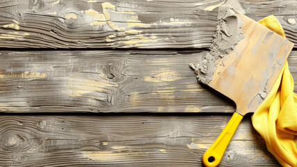 A yellow cloth is laying on a wooden surface with a paint brush and a trowel - Powered by Adobe