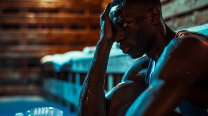 A basketball player sits in a sauna his hand gripping a water bottle as he mentally prepares for a grueling tournament ahead..