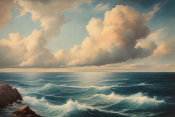 vintage painting art, sea with clouds