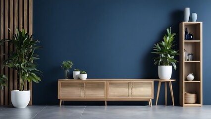  Living room with cabinet for tv on dark blue color wall background 