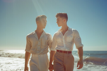 Summer vacation concept. Gay couple walking along the beach near ocean holding hands. Happy together. Retro, vintage postcard of 1940s. Sunny summer day. Outdoor shot