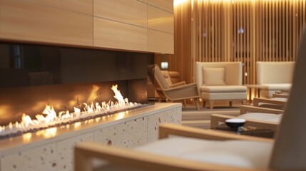 Obraz premium The minimalist fireplace in the spas waiting area invites guests to relax and unwind while waiting for their treatments. 2d flat cartoon.