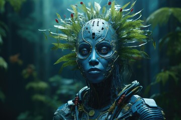 Futuristic cyborg with nature-inspired headdress