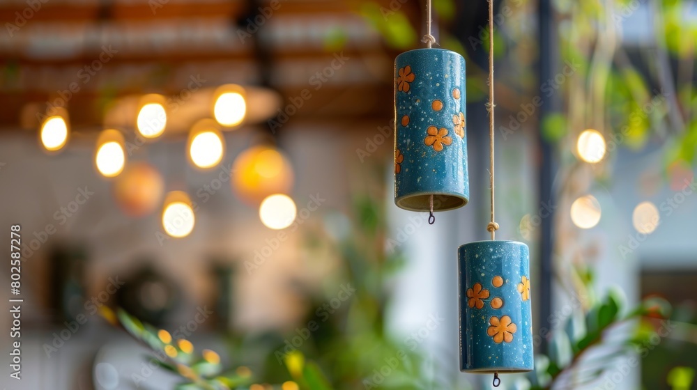 Poster a picture of a finished ceramic wind chime hanging inside a home adding a pop of color and texture t