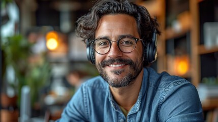 Fototapeta premium Smiling Indian Man Using Computer for Remote Work in Modern Cafe