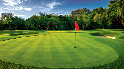 Lush Green Terrain: The foreground showcases an immaculate green putting surface. The grass appears vibrant and well-maintained