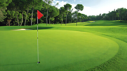 Obraz premium Lush Green Terrain: The foreground showcases an immaculate green putting surface. The grass appears vibrant and well-maintained