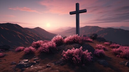 Serene mountain landscape with cross at sunset