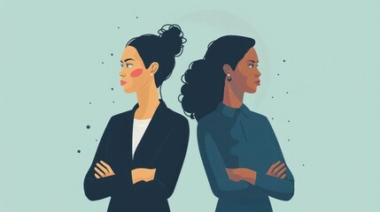Simple illustrations depict the reliability of business women. - obrazy, fototapety, plakaty