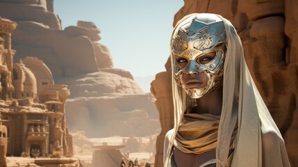 Mysterious warrior in desert landscape