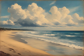 vintage painting art, beach with clouds