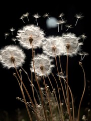 Magical dandelion field at night