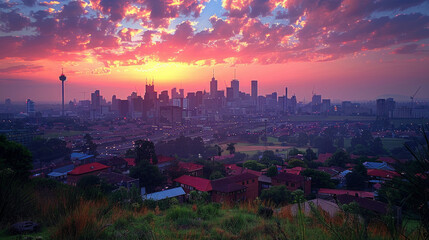Obraz premium Stunning Sunrise Over Johannesburg: Vibrant Sky and Cityscape From Hilltop View