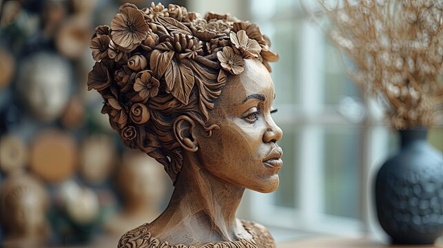 Wooden Sculpture of African Woman Adorned with Floral Elements