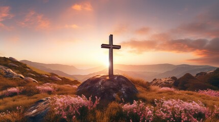 Peaceful mountain landscape with cross at sunset