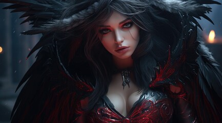 Fierce dark fantasy warrior woman with glowing red eyes