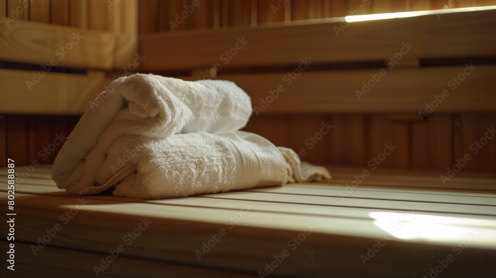 Poster a towel rests neatly on the sauna bench ready to be used to wipe the sweat from a grateful face..