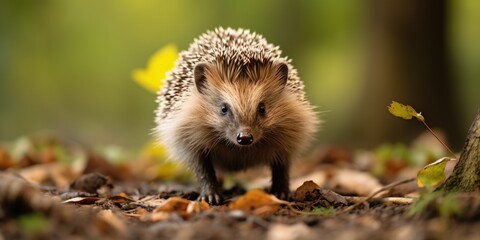 Curious hedgehog in autumn leaves