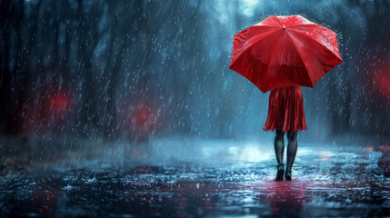 Moody illustration of a woman in a red dress and holding a red umbrealla walking away in the rain on a deserted street.