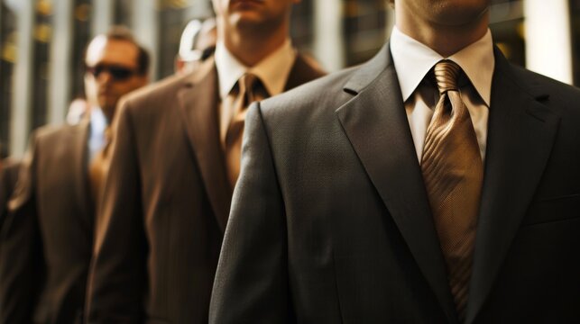 A group of  office worker wearing black suit and brown blazer.