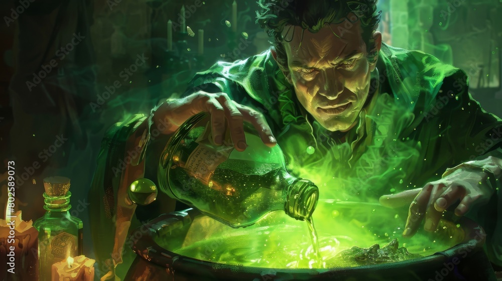 Poster a third image shows a man staring intently into a cauldron filled with a bubbling green liquid. he h