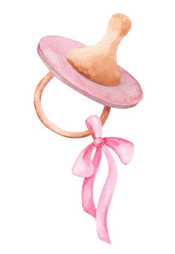 Watercolor pink pacifier for newborn. Children's toys isolated on white background. Illustration for children's room and packaging design