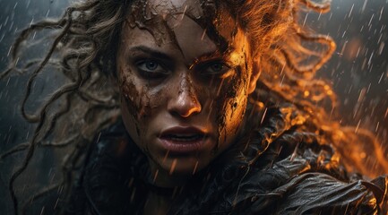 Intense expression of a fierce warrior in the rain and fire