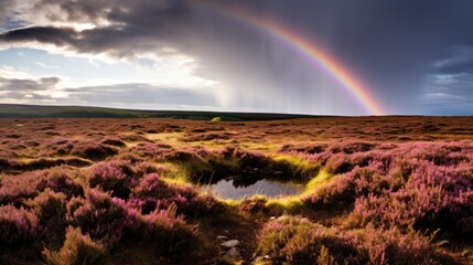 Obraz premium Vibrant rainbow over serene heathland landscape