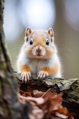 Curious squirrel peeking out from tree bark
