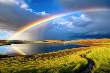 Obraz premium Vibrant rainbow over serene lake landscape