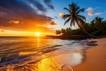 Stunning tropical sunset over palm trees and ocean