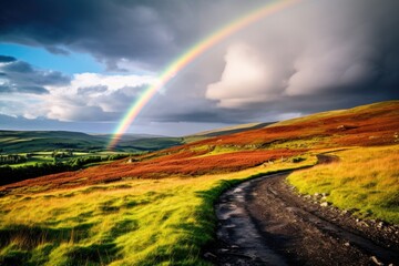 Vibrant rainbow over scenic countryside landscape