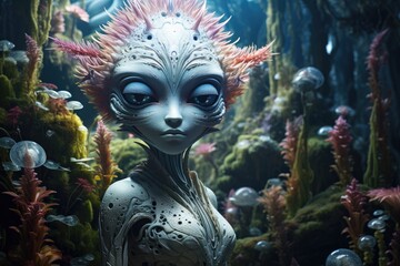 Alien creature in fantastical underwater scene