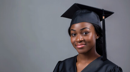 portrait of an attractive young black woman graduate  wearing a graduation cap and gown, smiling at the camera. Diploma or degree diversity education graduation. Female success concept