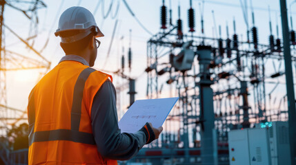 Professional Engineer Inspecting Modern High-Voltage Equipment at Substation"