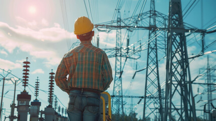 Professional Engineer Inspecting Modern High-Voltage Equipment at Substation"