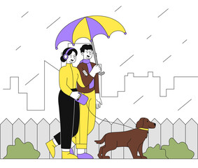 Couple walks rain with dog vector linear