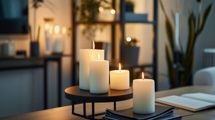 The simple yet chic tiered candle display adds a touch of sophistication to this minimalist office creating a calming and productive atmosphere. 2d flat cartoon.