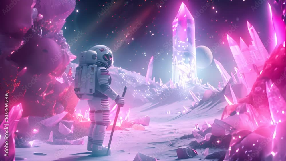 Sticker astronaut on a crystal covered alien planet with ai generated.