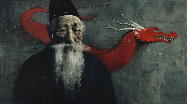 A depiction of the Chinese god of wealth, portrayed as an elderly man, with a cute red Chinese dragon by his side