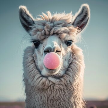 A humorous image of a llama chewing bubblegum, with a bubblegum bubble on its nose 8K , high-resolution, ultra HD,up32K HD