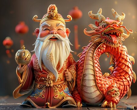 A portrayal of the Chinese god of wealth as an old man, accompanied by a whimsical red Chinese dragon 8K , high-resolution, ultra HD,up32K HD